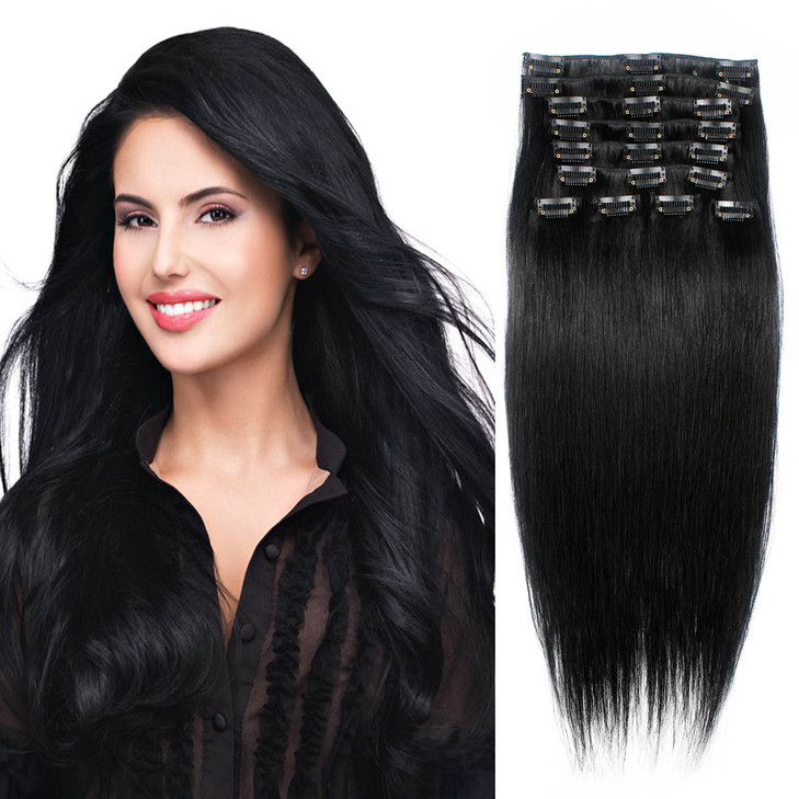 Straight Remy Human Hair Clip in Hair Extension 26 Inches65cm 120g 10pcs Color 1J Jet Black