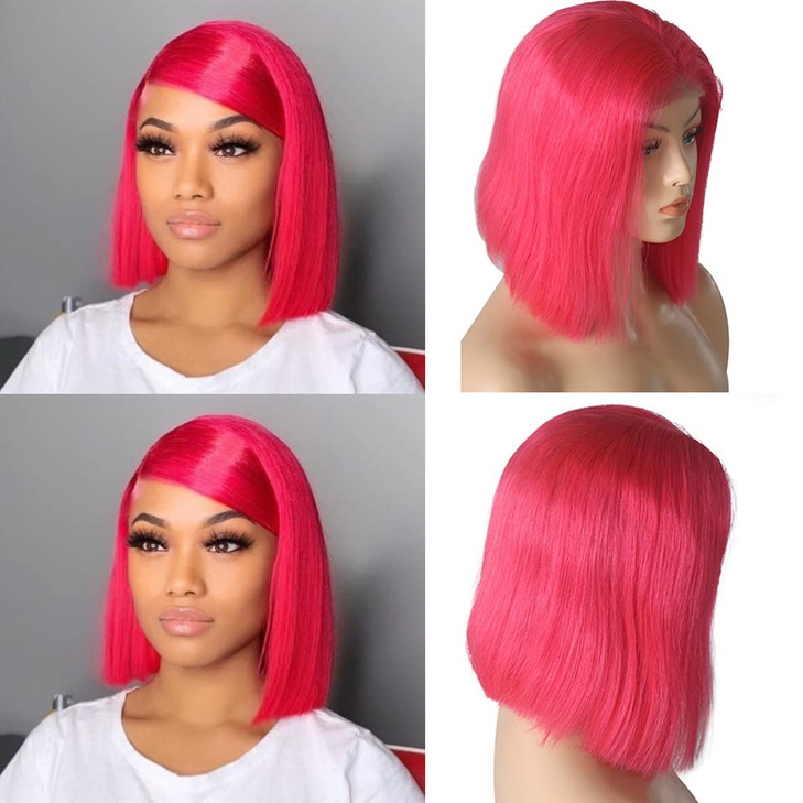 Glueless Wig Hot Pink Lace Front Human Hair Straight 180 Density 13x4 Frontal 8inch Pre Plucked with Baby Hair Brazilian