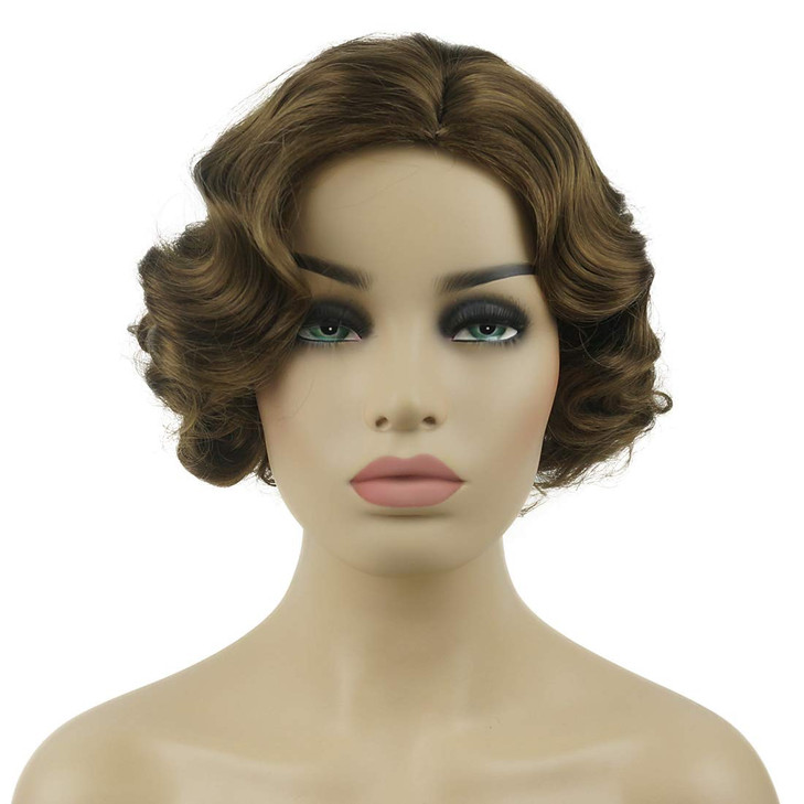 Lydell Vintage Cosplay Party Wig Short Finger Wavy Flapper Hairpiece Free Wig Cap Light Reddish golden brown