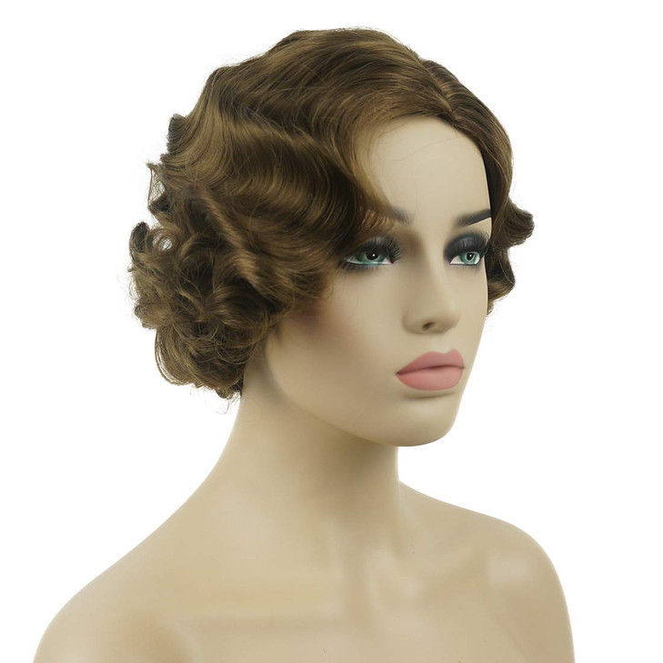 Lydell Vintage Cosplay Party Wig Short Finger Wavy Flapper Hairpiece Free Wig Cap Light Reddish golden brown