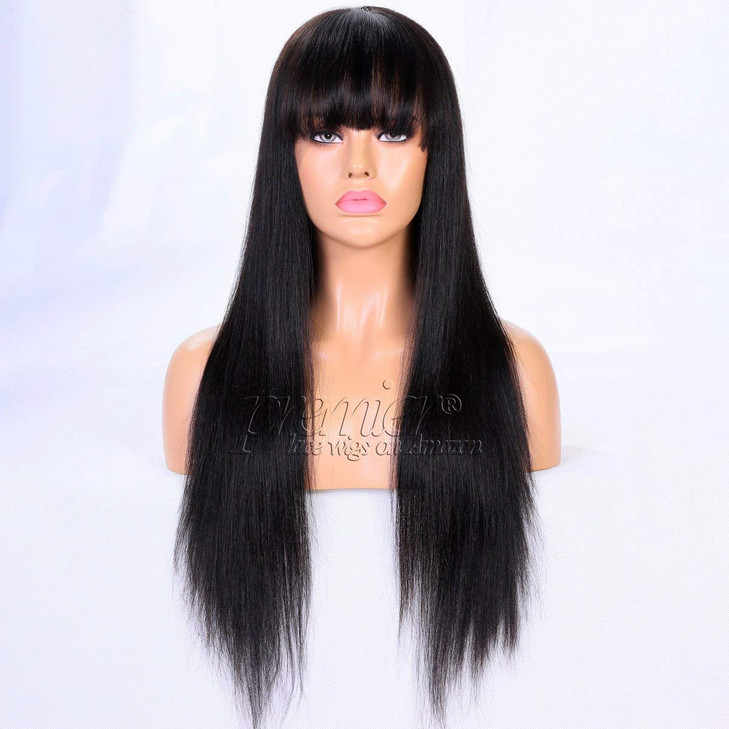 premier 360 Lace Wigs Pre Plucked Human Hair Wigs with Bangs 150 Density 360 Full Lace Frontal Wigs Light Yaki Straight