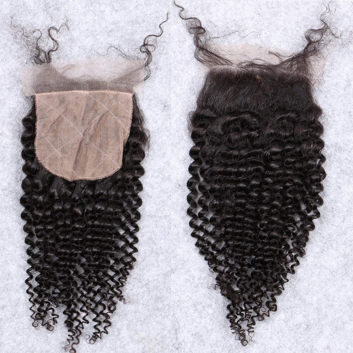 Afro Kinky Curly Silk Closure 4x4 Silk Base Lace Human Hair Top Full Closure Piece Hidden Knots Free Part Brazilian Remy