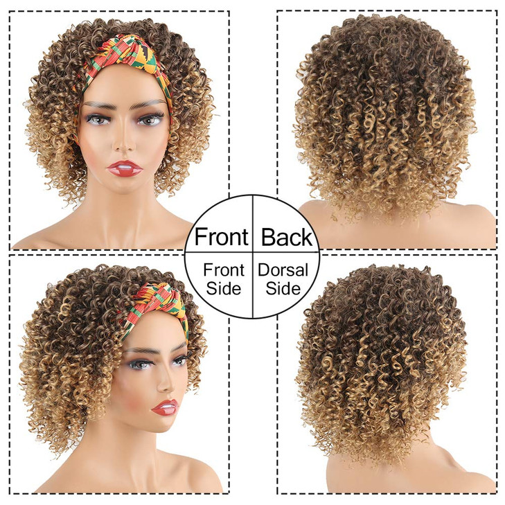 Aisaide Headband Wigs for Black Women Synthetic Short Kinky Curly Afro Golden Wig with Headband Attached Scarf Wigs Deep