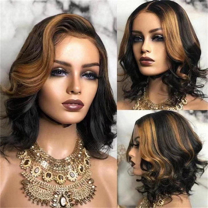 AimeileMiss Short Womens Ombre Wigs Synthetic Lace Front Medium Wavy BrownBlonde Highlights Color 3027 Natural hairline