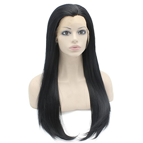 24inch Long Straight Black Lace Front Wig Natural Half Hand Tied Synthetic Fiber Hair Wig at Mxangel