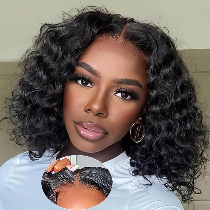 13x4 Glueless Lace Bob Wig Brazilian Remy Hair Water Wave Wet and Wavy Lace Front Human Hair Wigs For Black Women 14 inc