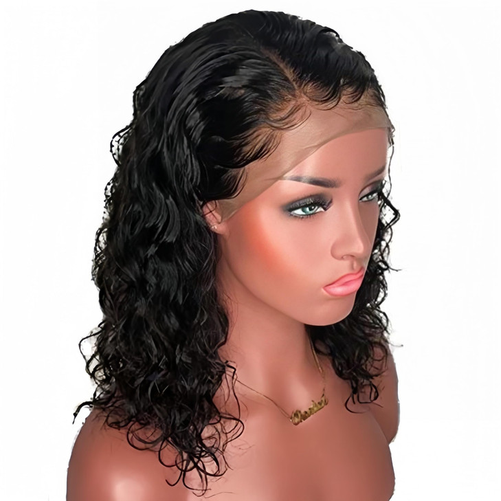 13x4 Glueless Lace Bob Wig Brazilian Remy Hair Water Wave Wet and Wavy Lace Front Human Hair Wigs For Black Women 14 inc