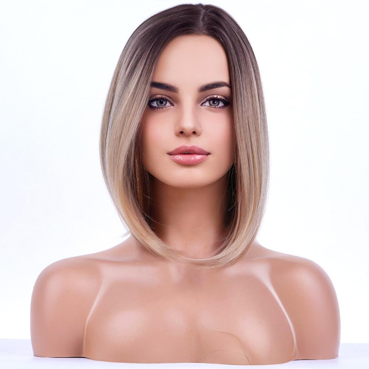 BERON 15 Short Straight Dark Roots Ombre Blonde Bob Wigs Side Part Wig with No Bangs Wig Cap Included Brown Ombre Blonde