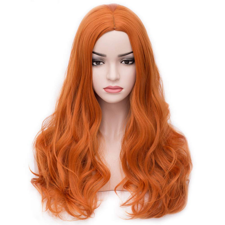 BERON Orange Wig Women Long Wavy Wig Orange Cosplay Costume Wig Center Parted Full Synthetic Wigs Wig Cap Included Orang