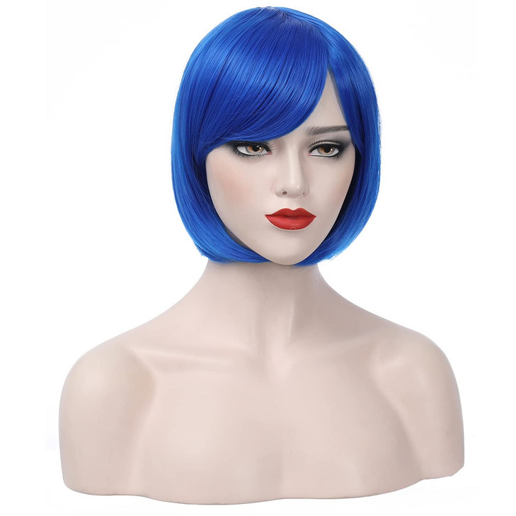 PATTNIUM 12 Inches Blue Bob Wig Short Royal Blue Wig with Bangs Blue Bob Wig for Women and Girls Heat Resistant Syntheti