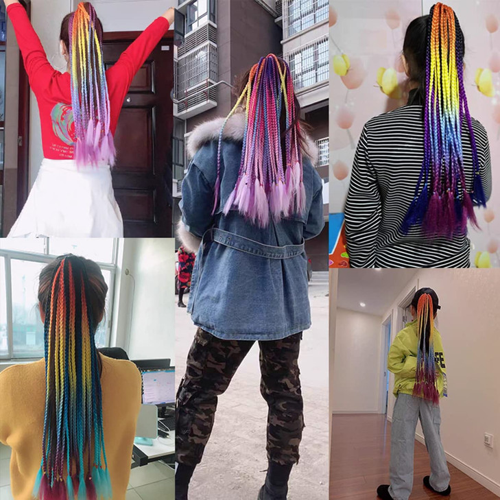 Colored Braids Hair Extensions with Rubber Bands Rainbow Braided Synthetic Hairpieces Ponytail Hair Accessories False Ov