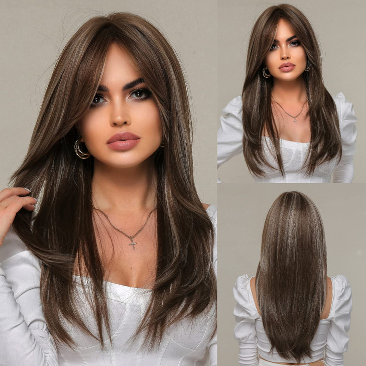 EMMOR Brown Wigs for WomenLong Layered Wigs with Curtain Bangs Heat Resistant Synthetic Fibre WigsBrown with Grey Highli