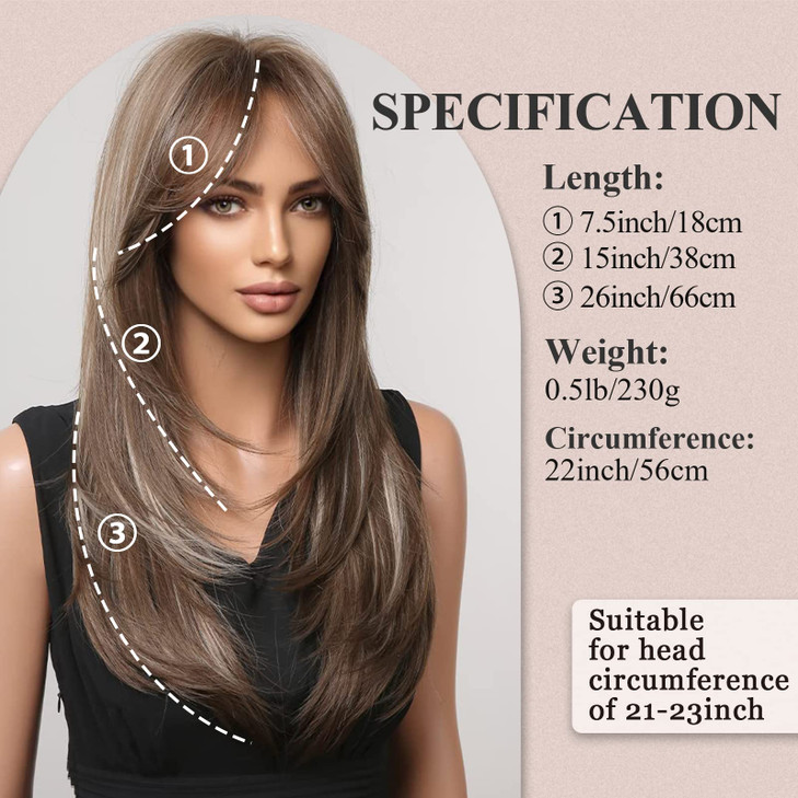 EMMOR Brown Wigs for WomenLong Layered Wigs with Curtain Bangs Heat Resistant Synthetic Fibre WigsBrown with Grey Highli