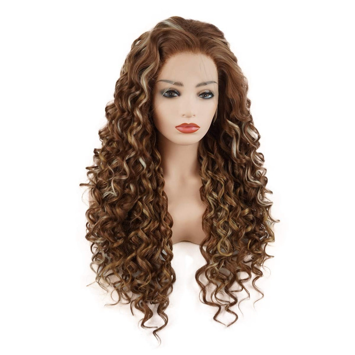 Meiyite Hair Curly Long 26inch Dark Brown and Blonde Mix Heavy Density Half Hand Tied Realistic Synthetic Lace Front Wig