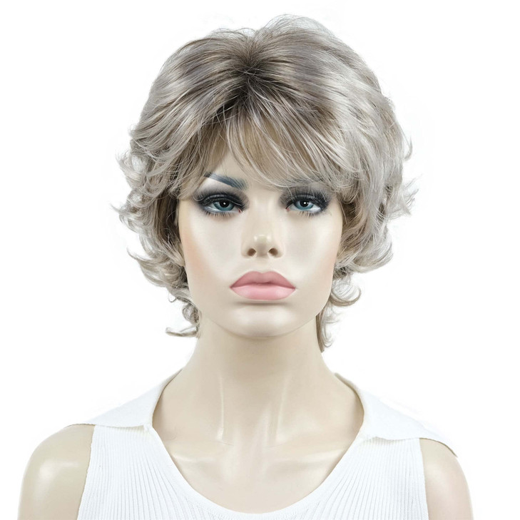 Aimole Synthetic Wigs Womens Curly Ends Short Fiber Wig With Layered Bangs48T Light Gray with Dark Root