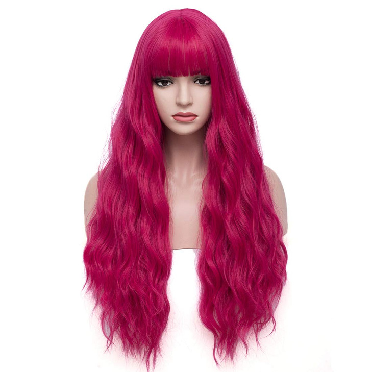 BERON 27 Inches Dark Pink Wig with Bangs Hot Pink Wig for Women Fluffy Wavy Heat Resistant Synthetic Wig Hot Pink
