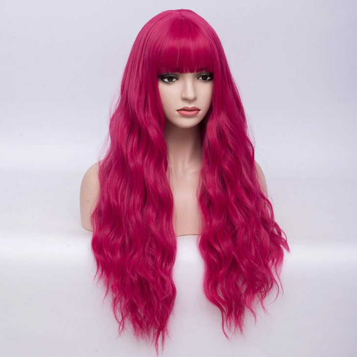 BERON 27 Inches Dark Pink Wig with Bangs Hot Pink Wig for Women Fluffy Wavy Heat Resistant Synthetic Wig Hot Pink