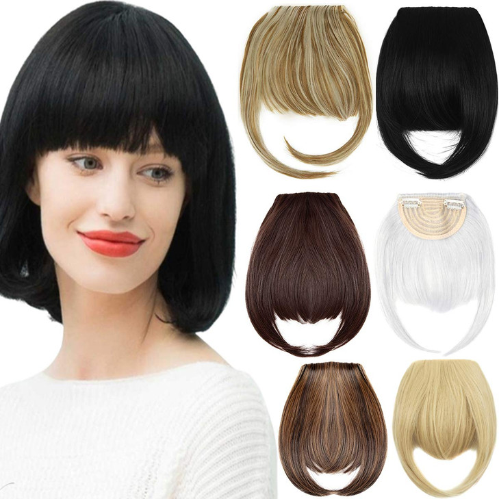 8 Clip in Bangs Hair Extensions Thick Full Neat Bangs Fringe Hair Extension with Temples One Piece Clip on Front Bangs H