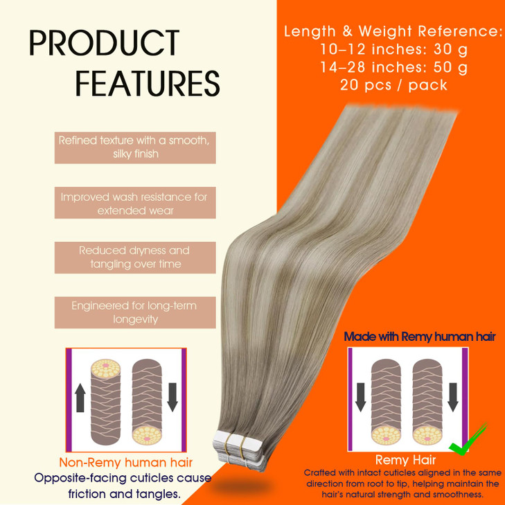 Full Shine 12 Inch Tape in Hair Extensions Human Hair Color 19 Grey Fading to 8 Ash Brown And 60 Blonde Hair Extensions