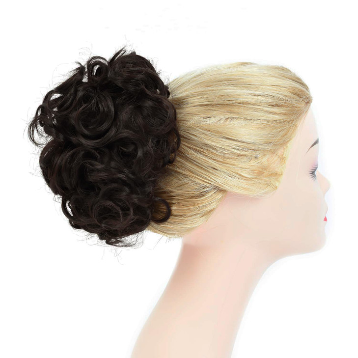 Rose bud Chignon Hairpiece Curly Bun Extensions Scrunchie Updo Synthetic Combs in Messy Bun Hair Piece for Women Dark Br