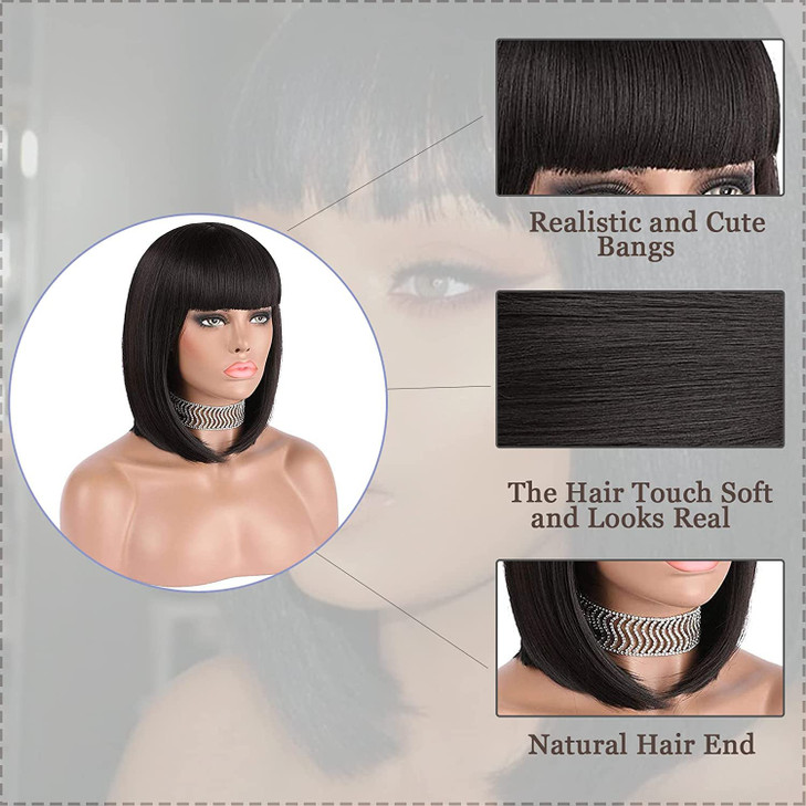 eNilecor Short Black Bob Wigs 12 Straight with Flat Bangs Synthetic Colorful Cosplay Daily Party Wig for Women Natural A