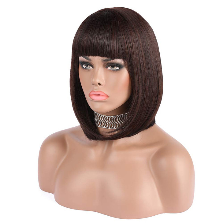 eNilecor Short Brown Bob Wigs 12 Straight with Flat Bangs Synthetic Colorful Cosplay Daily Party Wig for Women Natural A