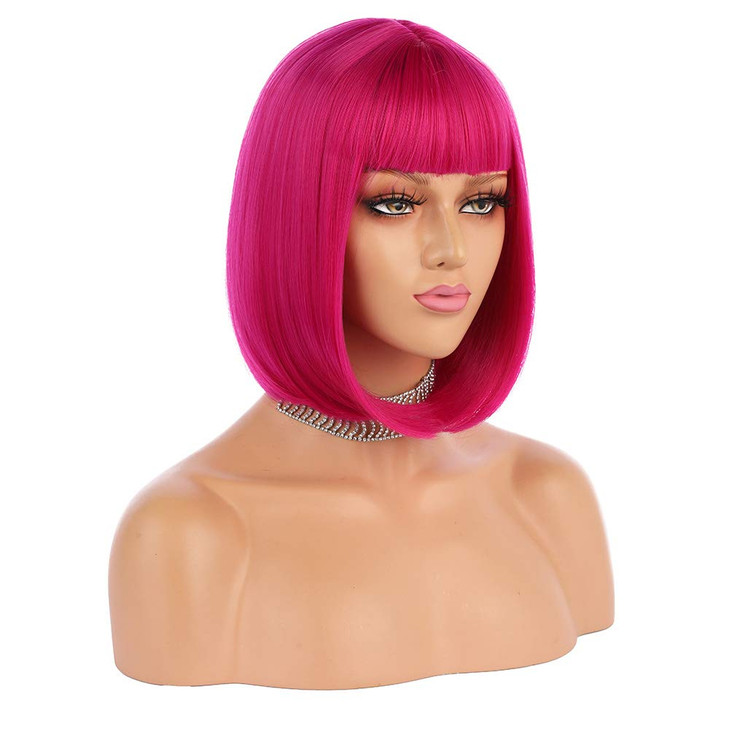 eNilecor Short Bob Hair Wigs 12 Straight with Flat Bangs Synthetic Colorful Cosplay Daily Party Wig for Women Natural As