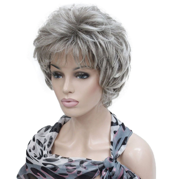 Lydell Womens Short Curly Wavy Wig Light Gray with Dark Root Synthetic Hair Full Wig 6 inches