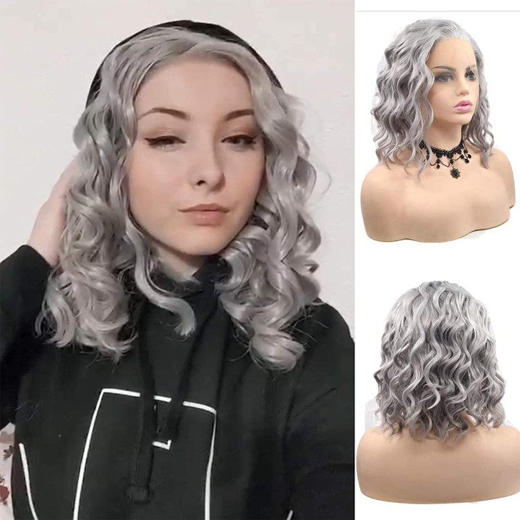 Grey Lace Front Wig for Women Silver Gray Short Curly Wavy Bob Wigs with Natural Hairline Realistic Beach Wave Synthetic