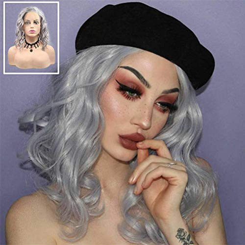 Grey Lace Front Wig for Women Silver Gray Short Curly Wavy Bob Wigs with Natural Hairline Realistic Beach Wave Synthetic