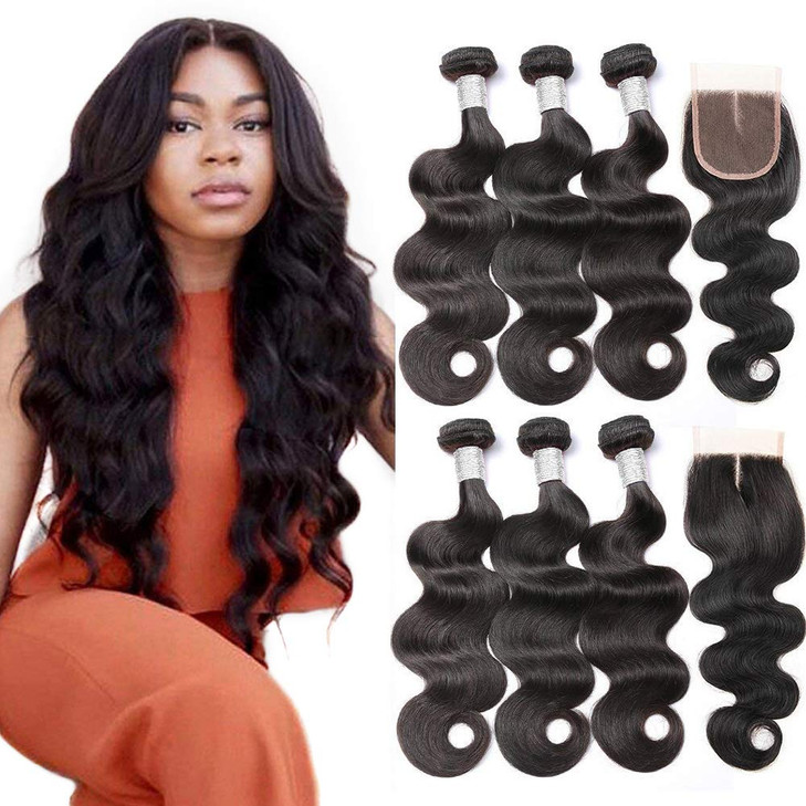 Beauty Princess Brazilian Body Wave with Closure 10A Brazilian Hair 3 Bundles with Middle Part Closure Natural Black Hum