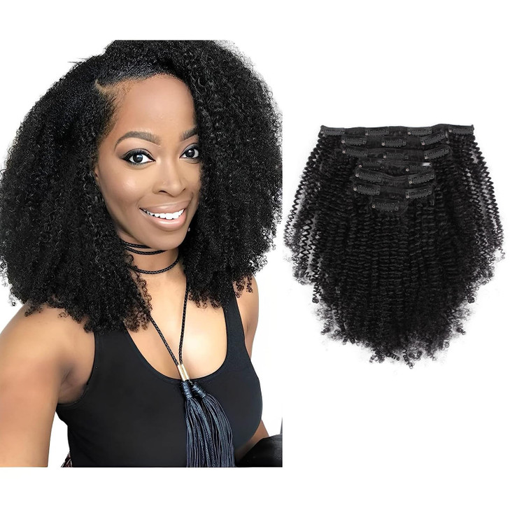 Sassina Remy Hair Extensions 4C Afro Clip in for Black Women Natural Black Afro Kinky Coily Clip in Human Hair Double We
