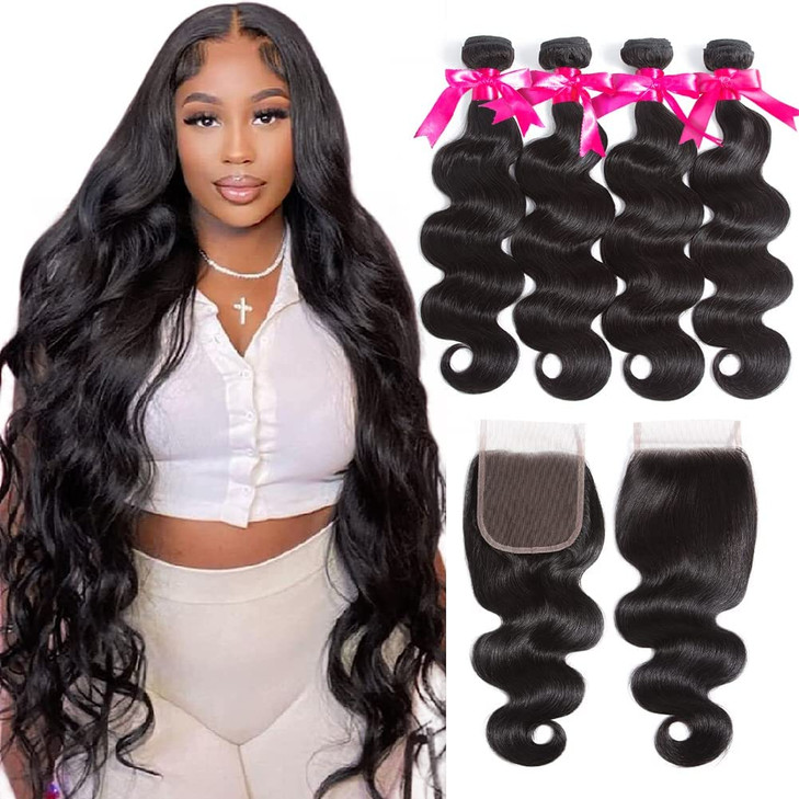 Flady 10A Brazilian Body Wave 4 Bundles with Closure Unprocessed Brazilian Virgin Human Hair Bundles with Closure 14 16