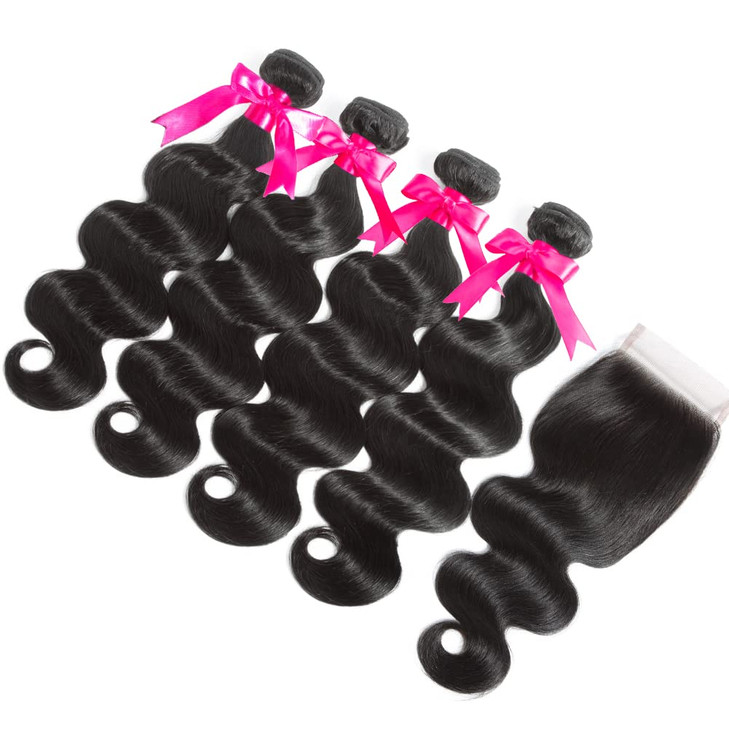 Flady 10A Brazilian Body Wave 4 Bundles with Closure Unprocessed Brazilian Virgin Human Hair Bundles with Closure 14 16