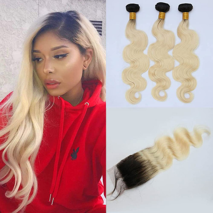 Aprilhair Preplucked 3 Bundles With 4x4 Lace Closure Dark Root 1B613 Platinum Blonde 2 Tone Ombre Unprocessed Brazilian