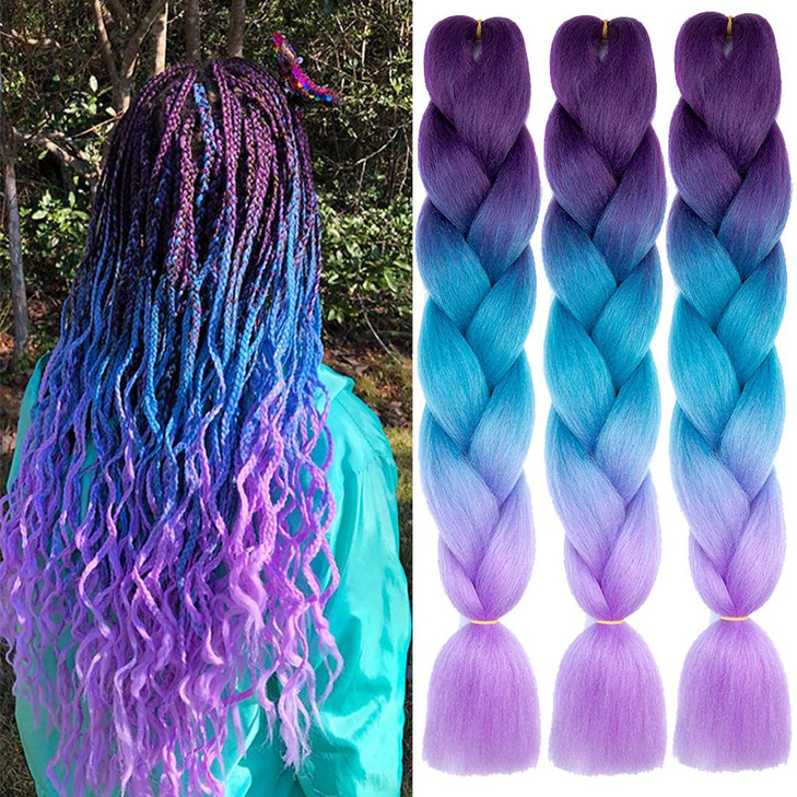 Xiaofeng 3 Packs 24Inch Kanekalon Braiding Hair Extensions Ombre Jumbo Synthetic Braids Hair PurpleLake BlueLight Purple