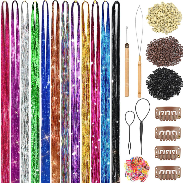 Hair Tinsel Kit 48 Inch12 Colors 3600 strands Fairy Tinsel Hair Extensions with Tools Glitter Hair Tinsel Kit Heat Resis