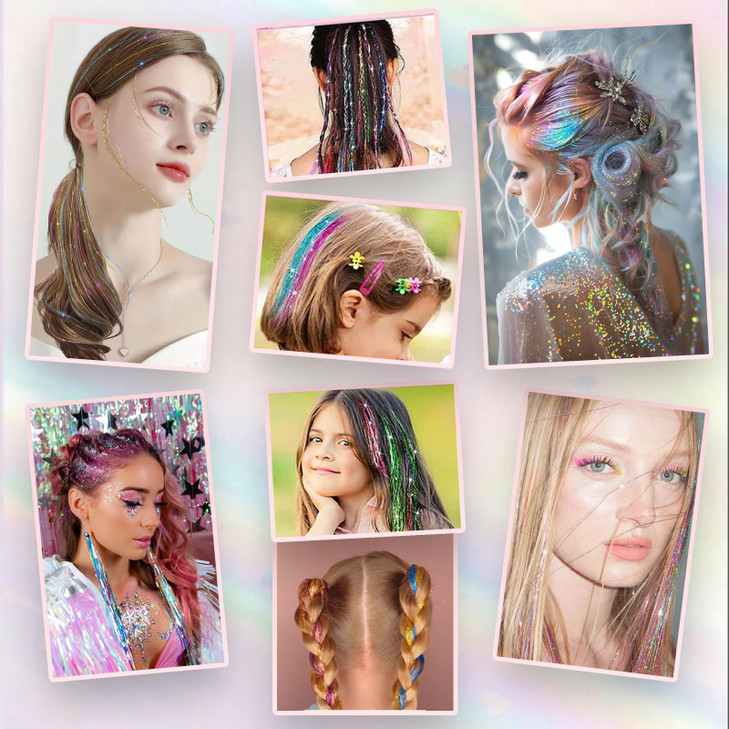 Hair Tinsel Kit 48 Inch12 Colors 3600 strands Fairy Tinsel Hair Extensions with Tools Glitter Hair Tinsel Kit Heat Resis