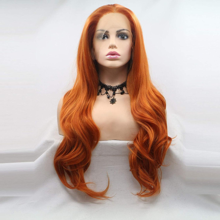 ELESTY Orange Color Synthetic Lace Front Wigs Free Part Long Wavy Synthetic Glueless Half Hand Tied Lace Wigs For Women