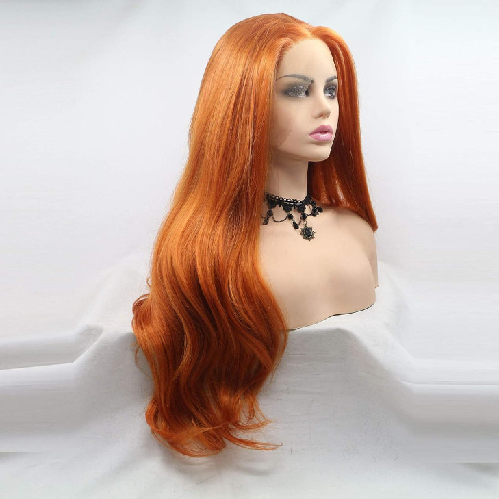ELESTY Orange Color Synthetic Lace Front Wigs Free Part Long Wavy Synthetic Glueless Half Hand Tied Lace Wigs For Women