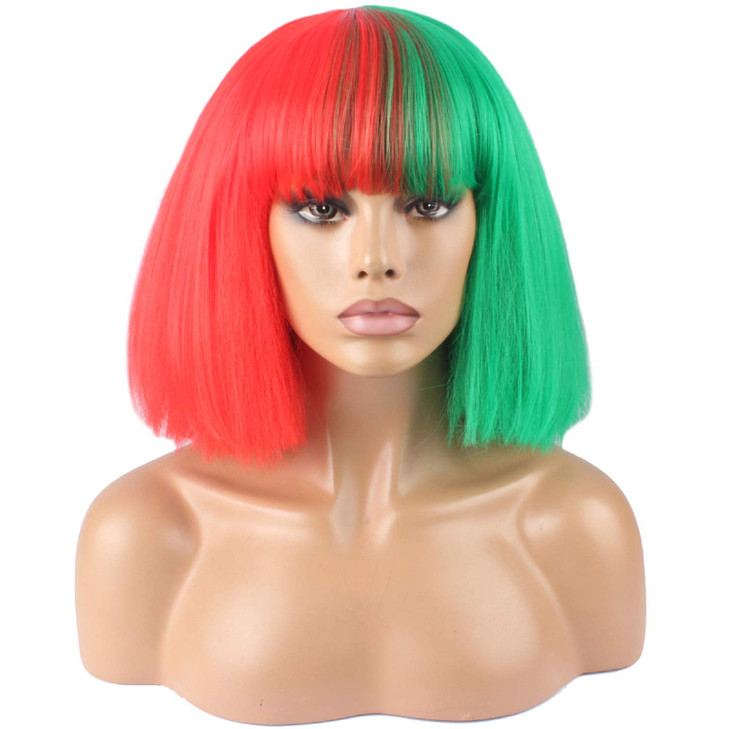 WeKen Fashion Wig Womens Short Bob Kinky Straight Full Bangs Synthetic Hairpieces Red and Green