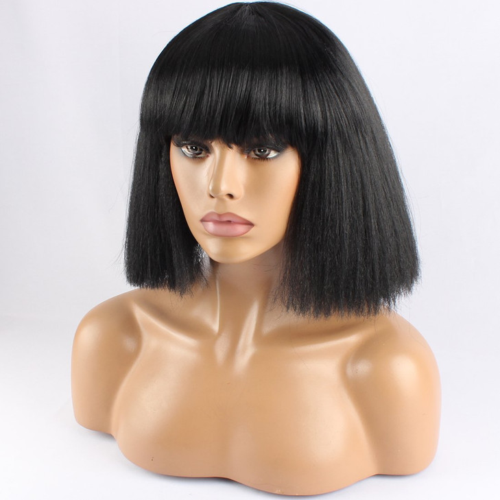 WeKen Fashion Wig Womens Short Bob Kinky Straight Full Bangs Synthetic Hairpieces Black