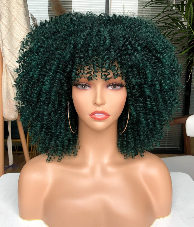 CURLCRAZY Curly Wig with Bangs for Black Women Short Kinky Curly Wig 14inch Afro Hair Halloween Party Christmas Cosplay