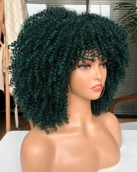 CURLCRAZY Curly Wig with Bangs for Black Women Short Kinky Curly Wig 14inch Afro Hair Halloween Party Christmas Cosplay