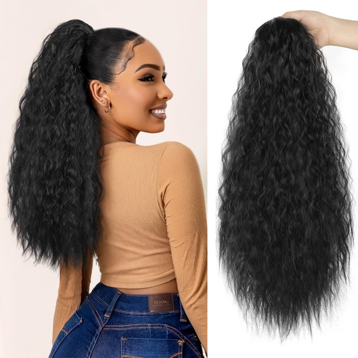AISI BEAUTY Long Curly Drawstring Ponytail for Women 22 inch Clip in Wavy Natural Ponytail Extension for Womens1B