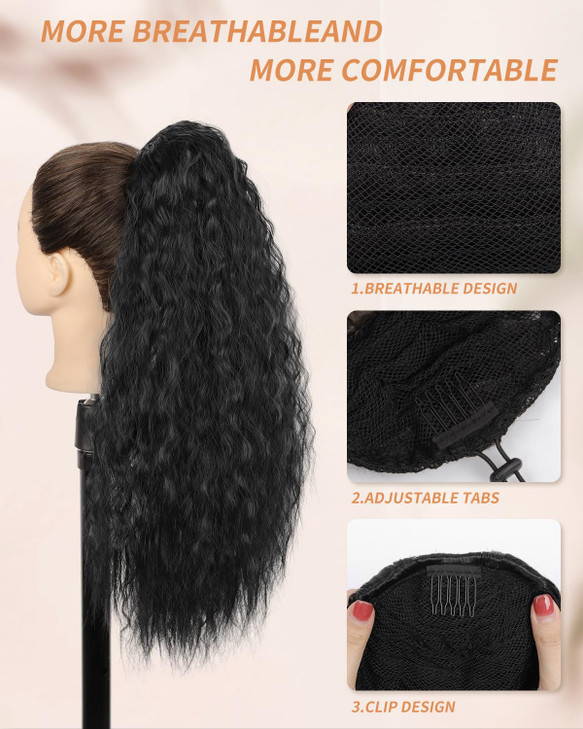AISI BEAUTY Long Curly Drawstring Ponytail for Women 22 inch Clip in Wavy Natural Ponytail Extension for Womens1B