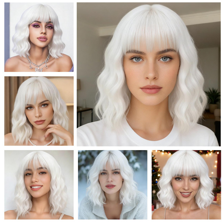 BUFASHION 14 Women Short Wavy Curly Wig White Bob Wig Cosplay Halloween Synthetic Wigs With Neat Bang Wig With Free Wig