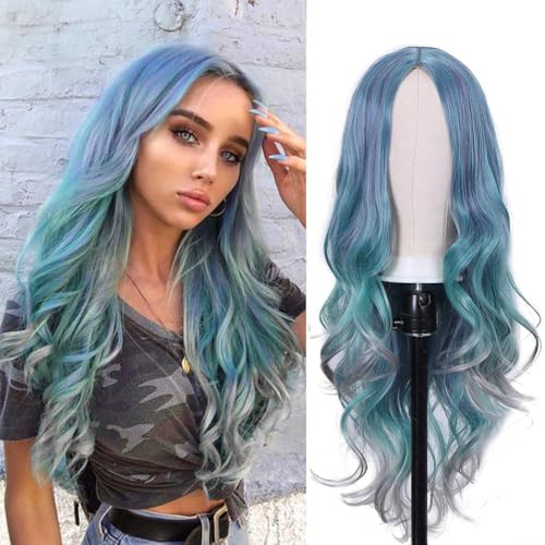 Lady Miranda 28 Inch Light Blue Wig Heat Resistant Wavy Pastel Blue Wig Middle Part Synthetic Wig Cosplay Blue Mixed Gra