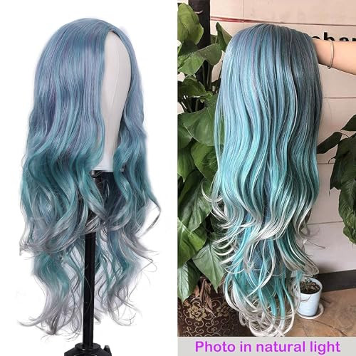 Lady Miranda 28 Inch Light Blue Wig Heat Resistant Wavy Pastel Blue Wig Middle Part Synthetic Wig Cosplay Blue Mixed Gra