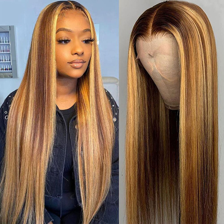 Pizazz 13x4 HD Transparent Lace Front Wigs Human Hair Pre Plucked highlight Color Brazilian Straight Lace Frontal Human
